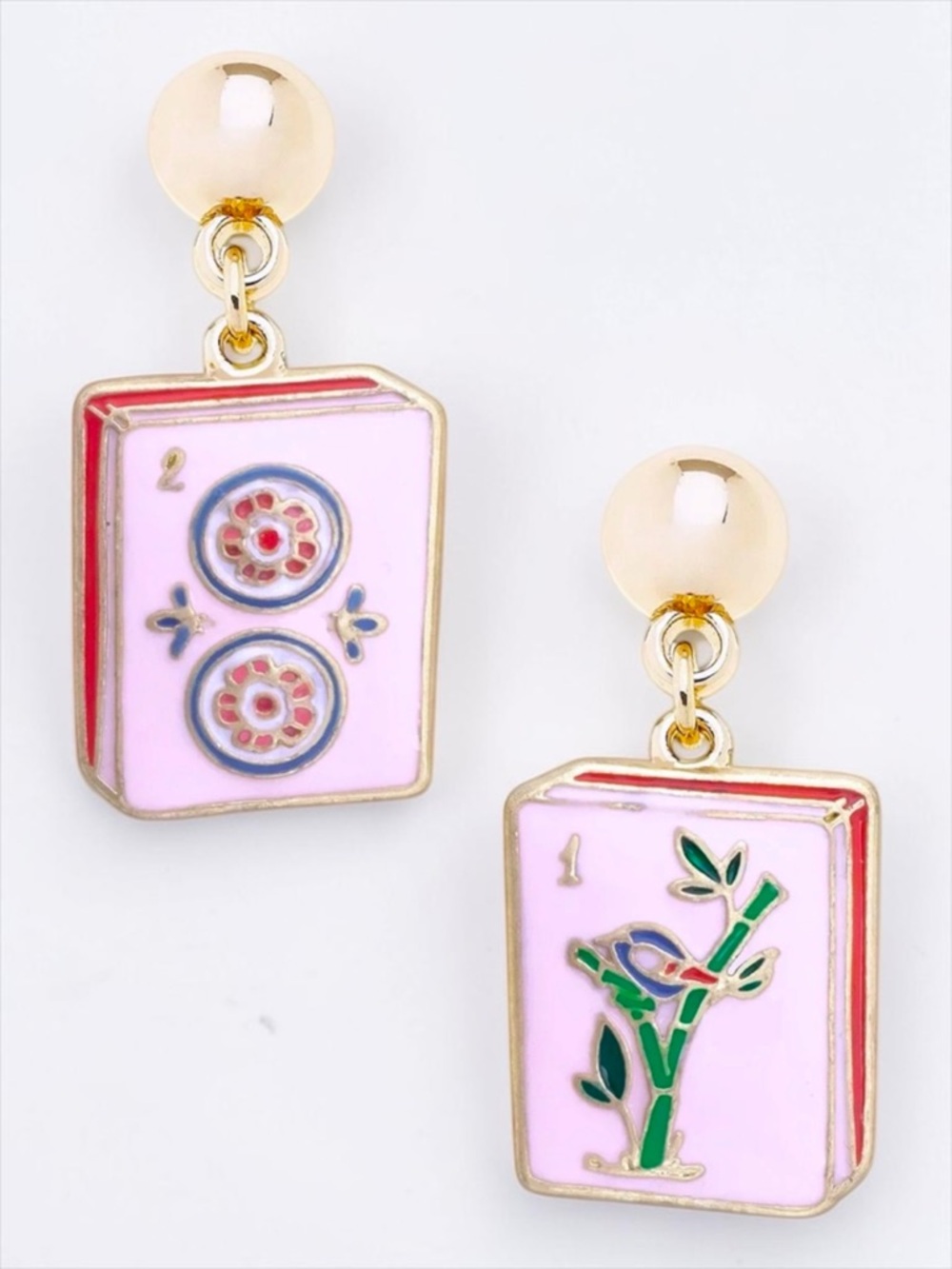 Mahjong Tile Earrings NWT Gold Pink Statement Drop Earrings Bamboo Bird